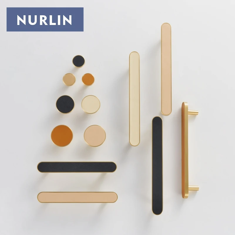 Nurlin Brass Cow Leather Furniture Handles Circle Long Shaped Wardrobe Luxurious Cabinet Knobs Door Pull Multiple Sizes
