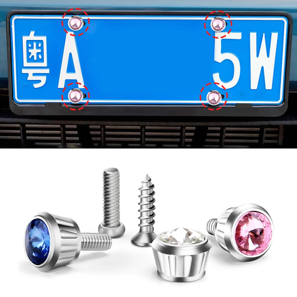 4Pcs/Set License Plate Frame Screw License Plate Tray Fixing Bolt Rhinestone Nut Cover License Plate with Drill Fixed Seal Screw