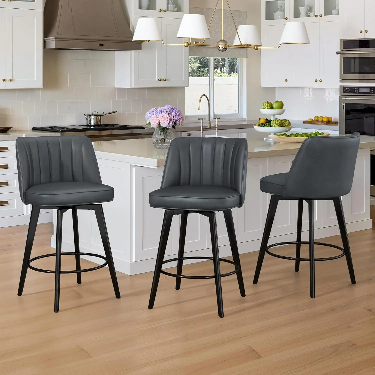 

360° Swivel Leather Bar Stools Set of 3, 26" Counter Height Barstools with Backs and Metal Legs, Modern Upholstered Bar Chai