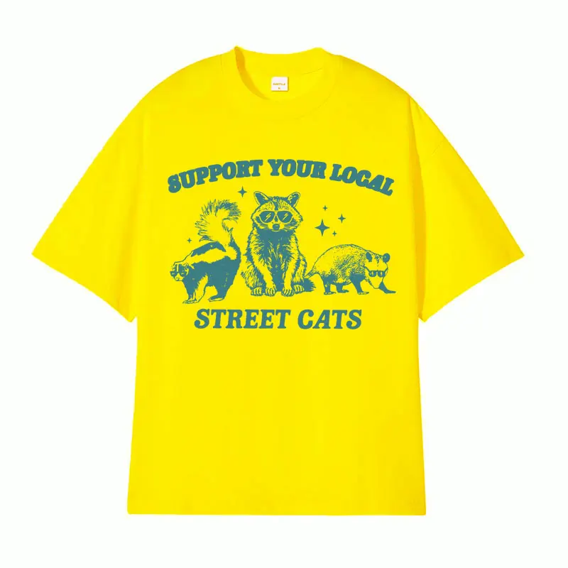 T-shirt graphique en coton pour hommes et femmes, T-shirt vintage, T-shirt en coton respirant, Support Your Local Street Cats, T-shirt raton laveur mignon, Économie à mème drôle