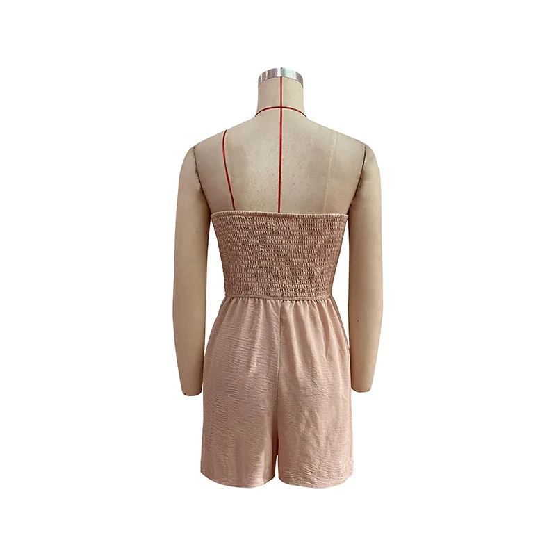 Women's Strapless Smocked Tube Top Romper, 2026 New Button Front Drawstring Waist Casual Summer Shorts Jumpsuit S-3XL