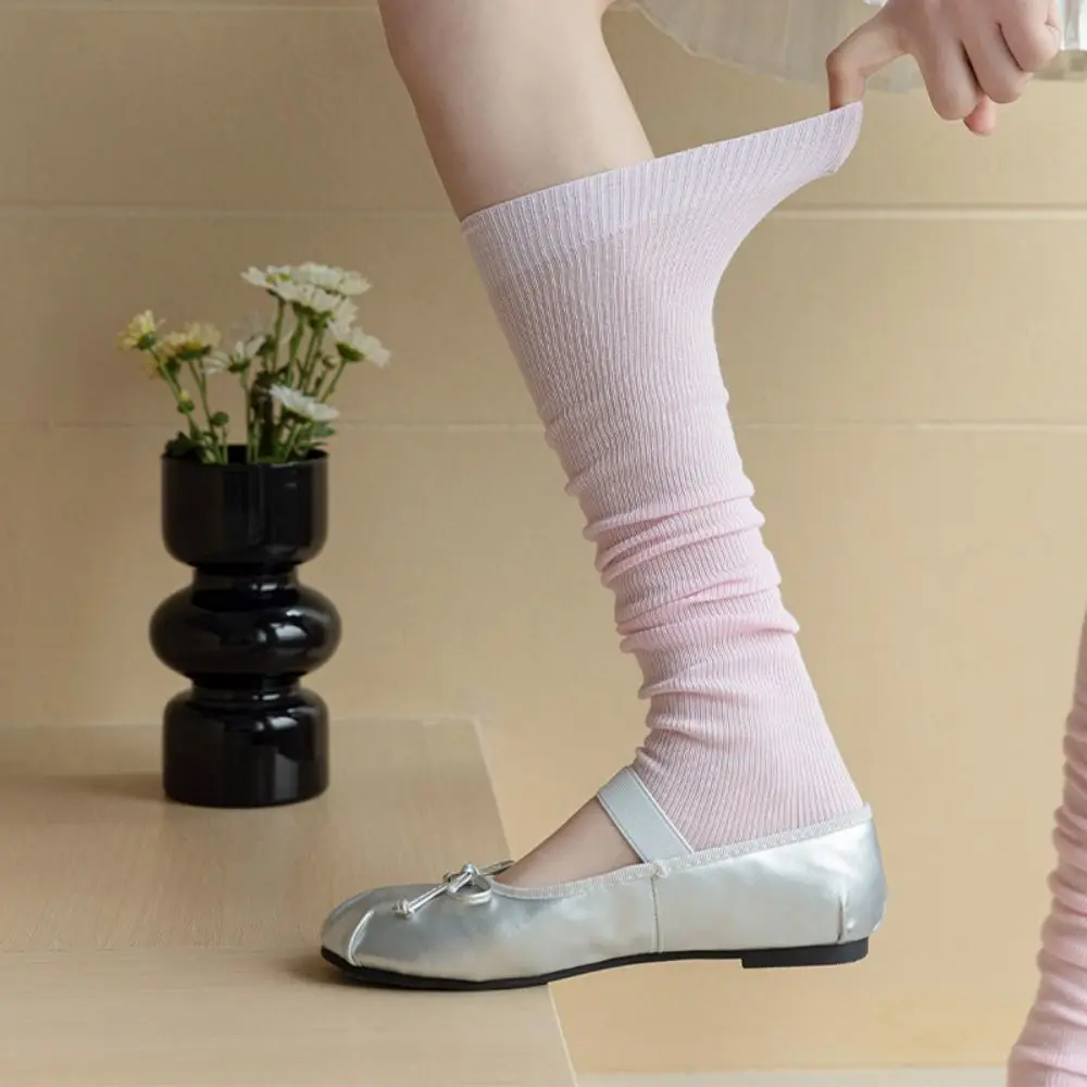 Elegant Thick Simple Long Knee High Socks Ballet Style Mid-calf JK Stockings Solid Color Vertical Stripes Stacking Socks Summer