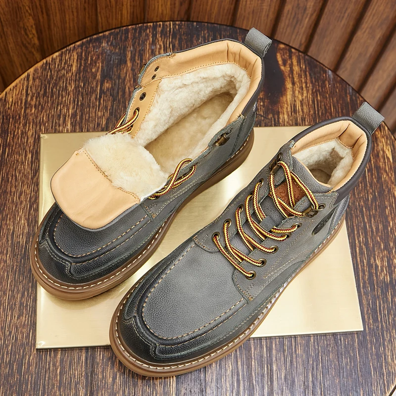 

Thickened Fur Warm Snow Boots for Men Winter Waterproof Anti-slip High-top Cotton Shoes Genuine Leather Work Boots Men Sneakers