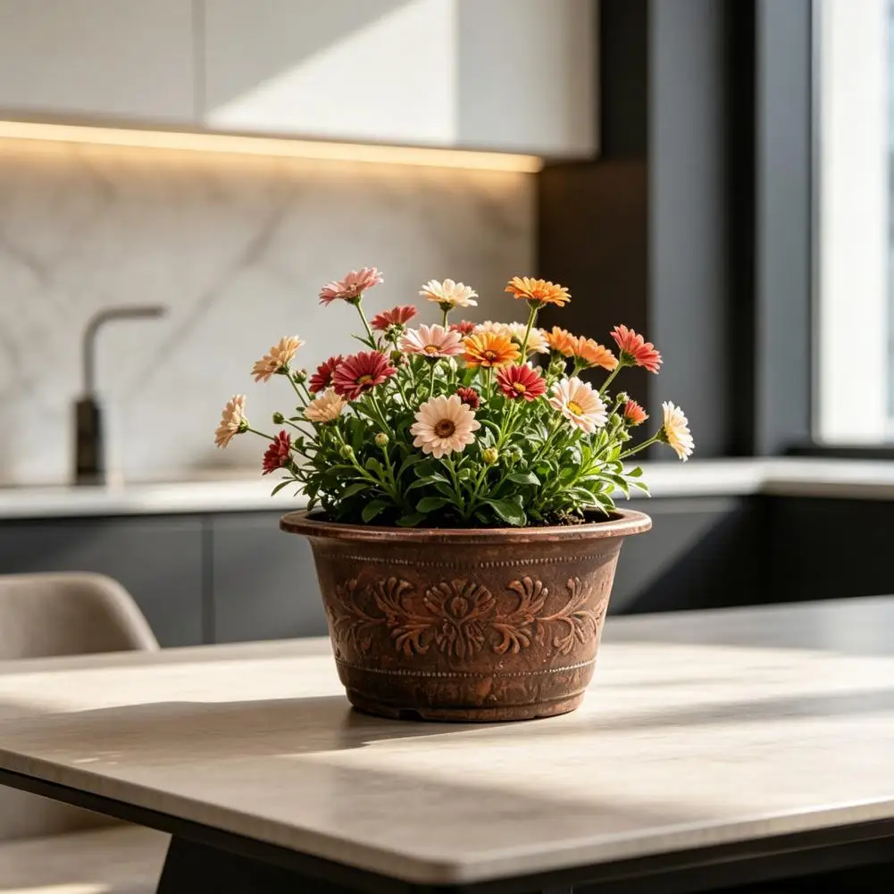 Flower Pot Thickened Resin Decorative Planter with Drainage Holes Large Capacity Bronze Embossed Outdoor Garden Flower Pot