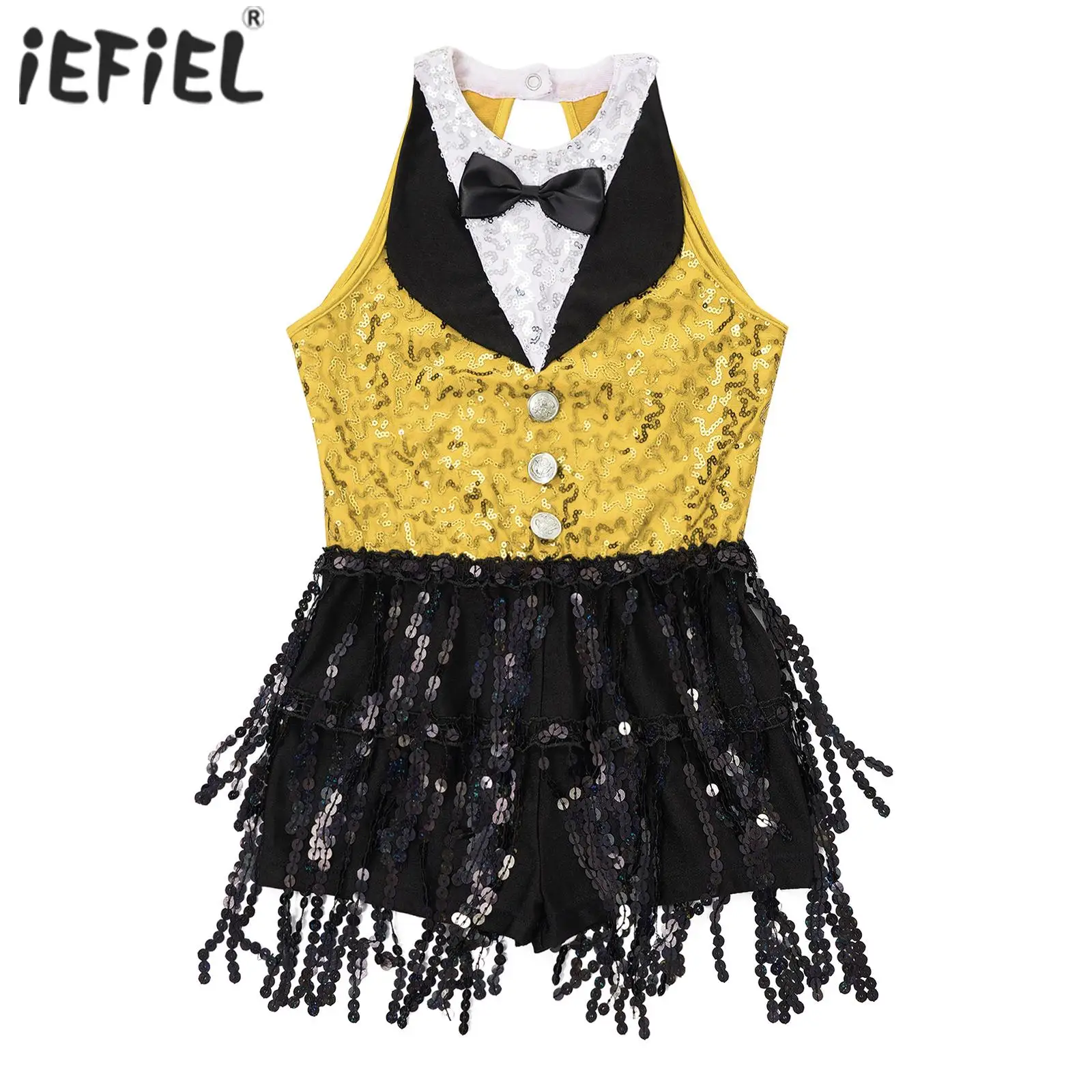 Kids Girls Sequins Tassel Latin Dance Dress Jazz Tango Rumba Salsa Ballroom Ballet Costumes Dancewear for Stage Performance