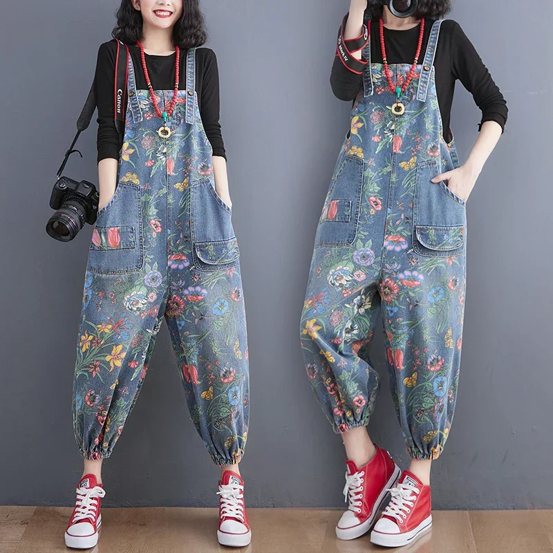 Fashion Streetwear Print Floral Denim Jumpsuit Women Dungarees Straps Baggy Rompers Cargo Pants Loose Wide Leg Jeans Overalls