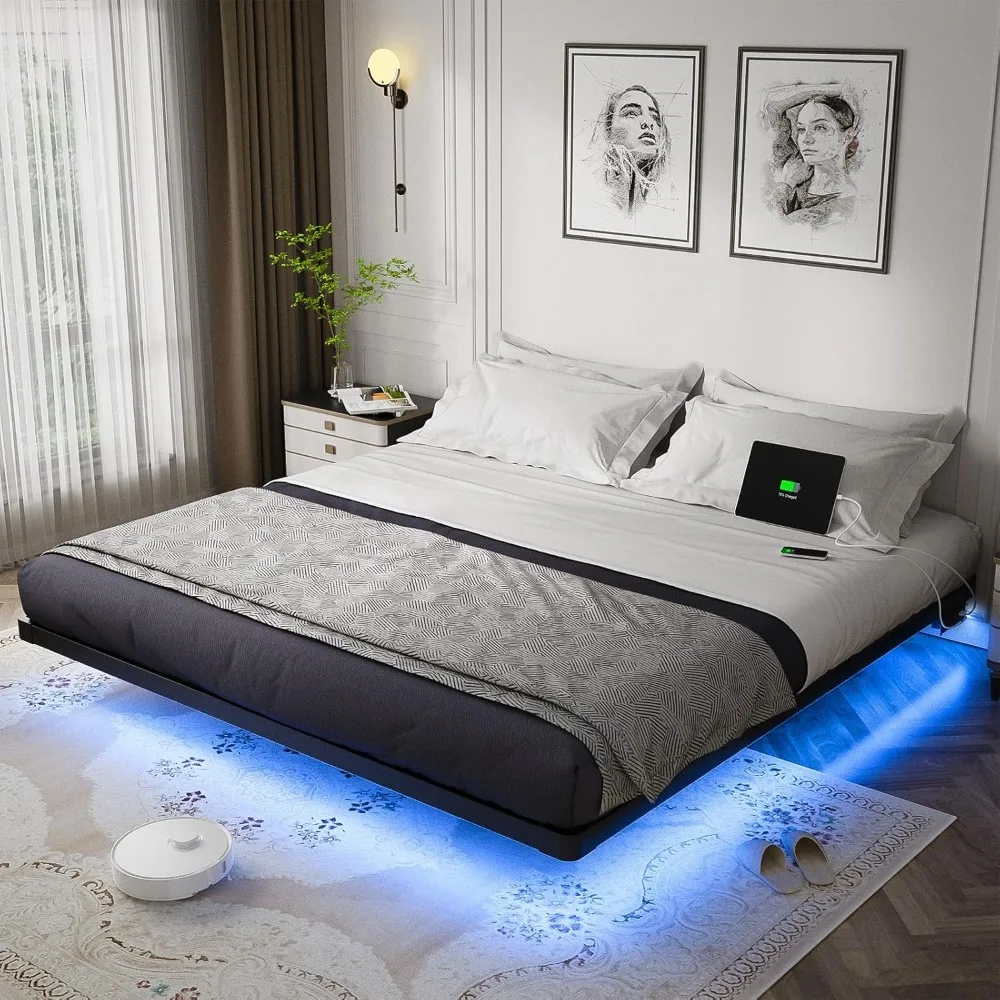 Estructura de cama flotante tamaño King con luces LED y estación de carga: estructura de cama con plataforma de metal, no necesita somier, fácil