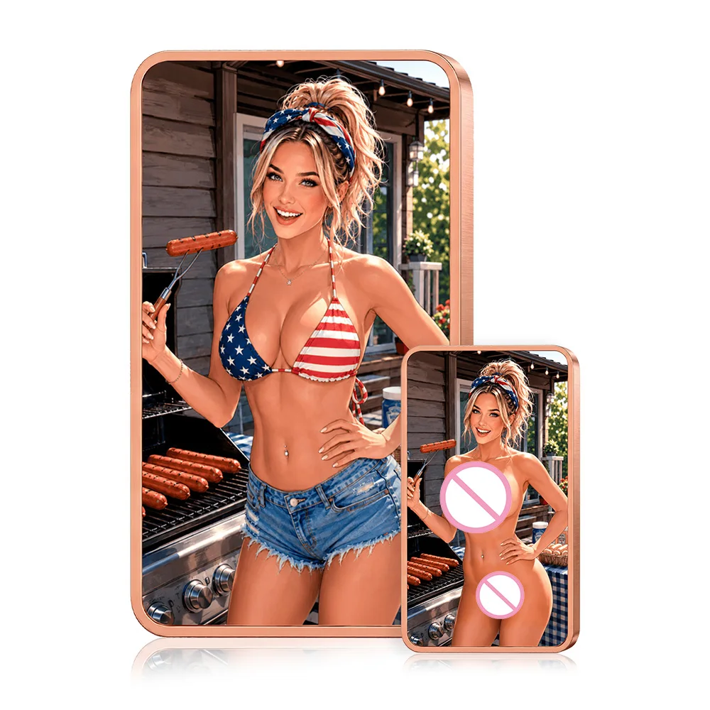 1oz .999 Fine Copper Bar Patriotic Summer Girl BBQ Grill American Flag Bikini Top Denim Shorts Picnic Table Art Collectible Gift