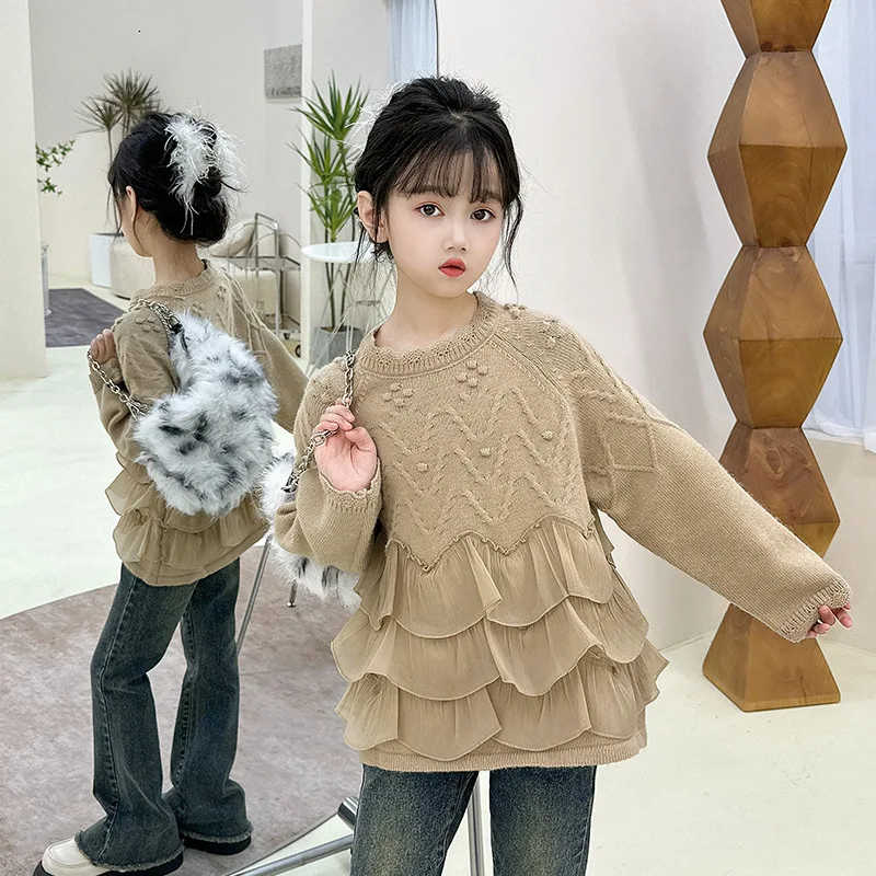 teenager Girls Sweater  Autumn 2023 New Sweet Autumn Knitwear Childrens Patchwork lace Thread Fashion sweater tricot infantil