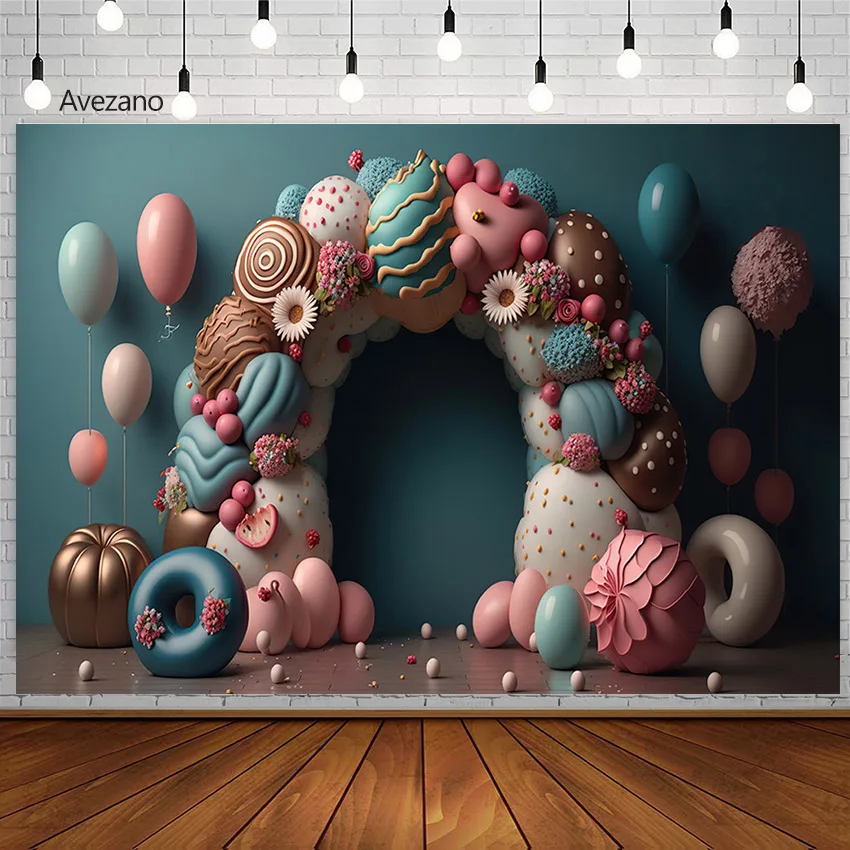 

Avezano Sweet Donut Backdrop Arch Door Child Portrait Photography Background Colorful Balloons Photo Studio Photocall Props