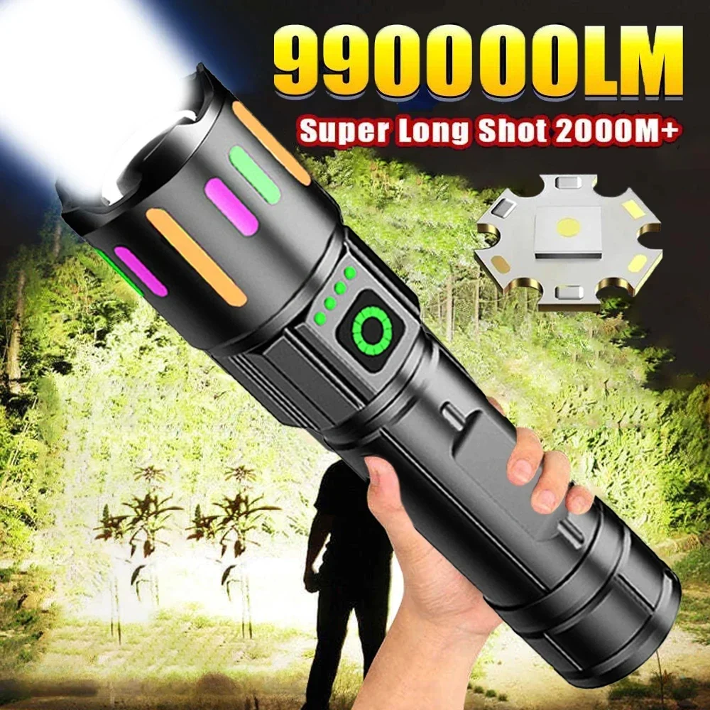 High Power LED Flashlight Type-C USB Rechargeable Zoomable Tactical Torch Strong Light Lamp Outdoor Ultra Powerful Flash Light