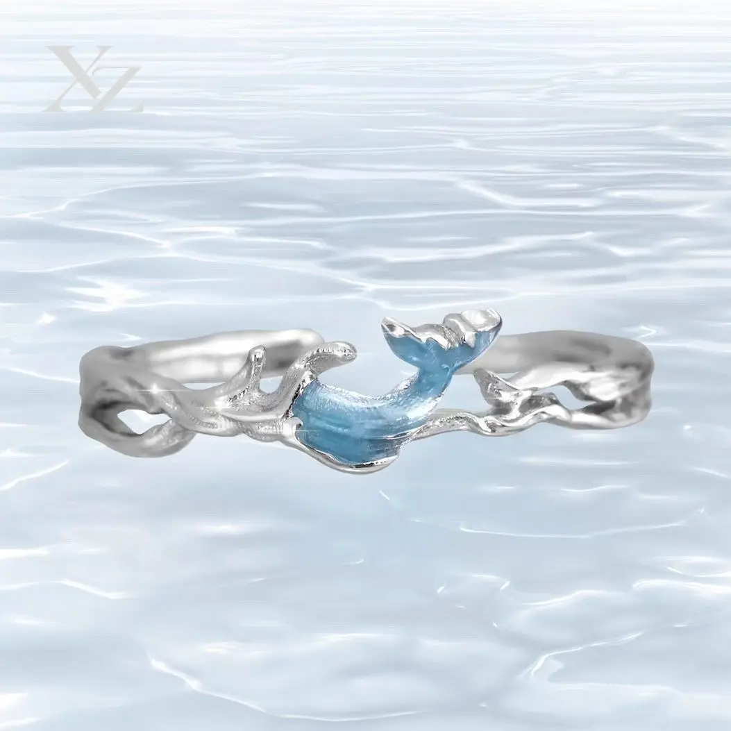 Premium Swim Together Couple Rings- Original Blue Waves Fishtail Ring Set, Fade-Resistant Durable Design