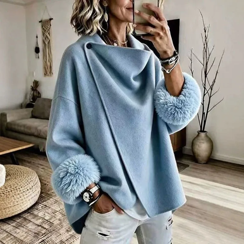 Women Draped Cowl Neck Solid Cape Coats Sleeve Faux Fur Cuff One Button Loose Jackets Fall Winter Street Elegant Party Outerwear