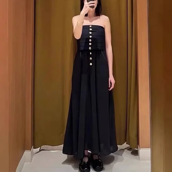 

Women 2025 new one-shoulder dress tube top design single-breasted elegant holiday party midi robe