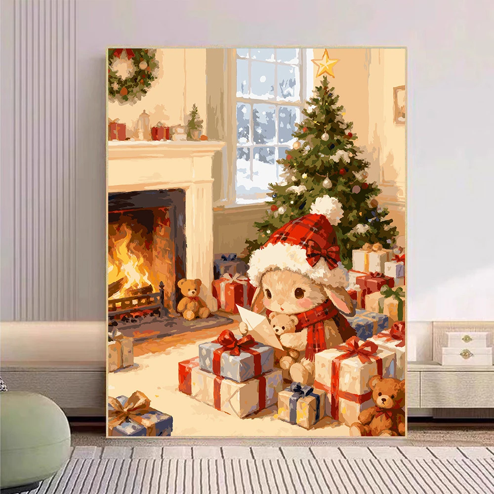 Christmas Bunny Tree Fireplace Oil Painting By Numbers Modern Wall Decor for Living Room Bedroom Perfect Gift No Frame