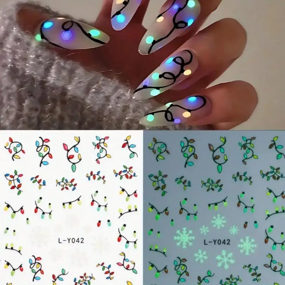 1/2 pçs 3d luminoso colorido lâmpadas de natal adesivos de unhas baixo no escuro papai noel árvore de natal decalques de unhas inverno decoração de unhas