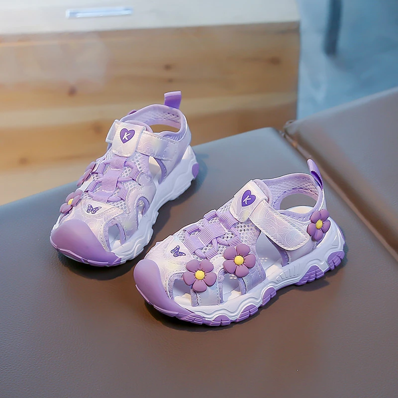 Summer Toddler Girls Closed Toe Flower Sandals Anti-Collision Non-Slip Thick Sole for Beach Outdoor Daily Play Wear