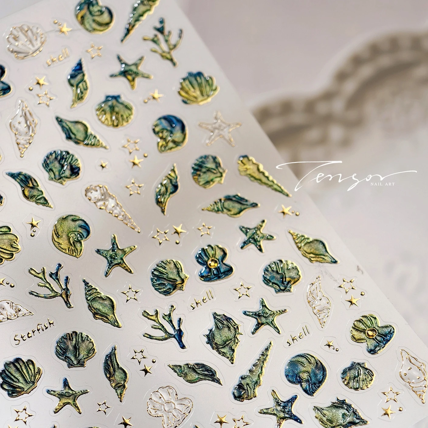 Marzycielski różowy zielony niezwykły szykowny muszla muszla rozgwiazda koral perła ostryga gwiazda morze naklejki do paznokci Ocean Illusion Manicure naklejki