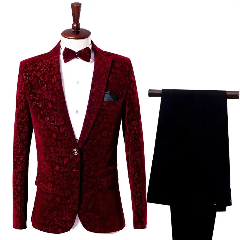 طقم بدلة رسمية للرجال من Groom Tuxedo-Burgundy بنمط الأزهار للحفلات والمغني المضيف والمرحلة الرسمية بدلة التصوير الفوتوغرافي #1