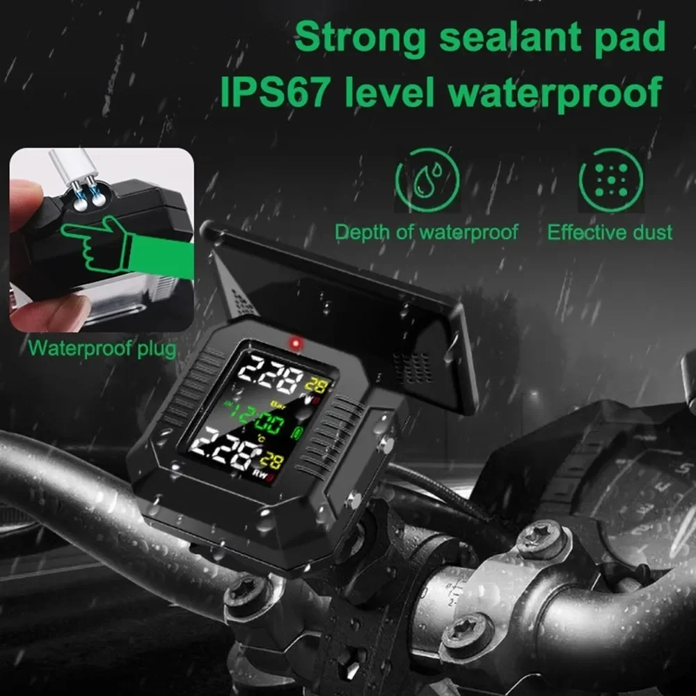 Solar TPMS Motorcycle Tire Pressure Monitoring System Temperature Warning 2 External TMPS Sensors Tyre Pressure for Motorbike