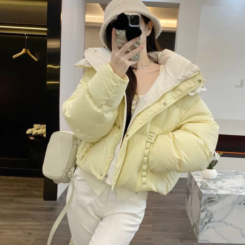 

Women's Winter Jacket Short Down Coats Korean Color Clash Fashion Casual Outerwears Thick Loose Warm Hooded Short Puffer Coats