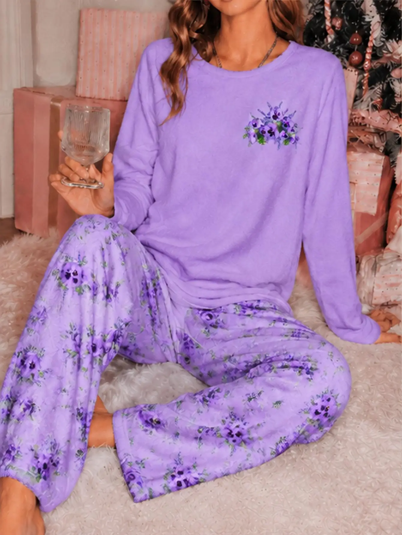 Women Plus Size Coral Fleece Pajama Set Lavender Purple Floral Print Long Sleeve Top & Pants Warm Winter Home Sleepwear