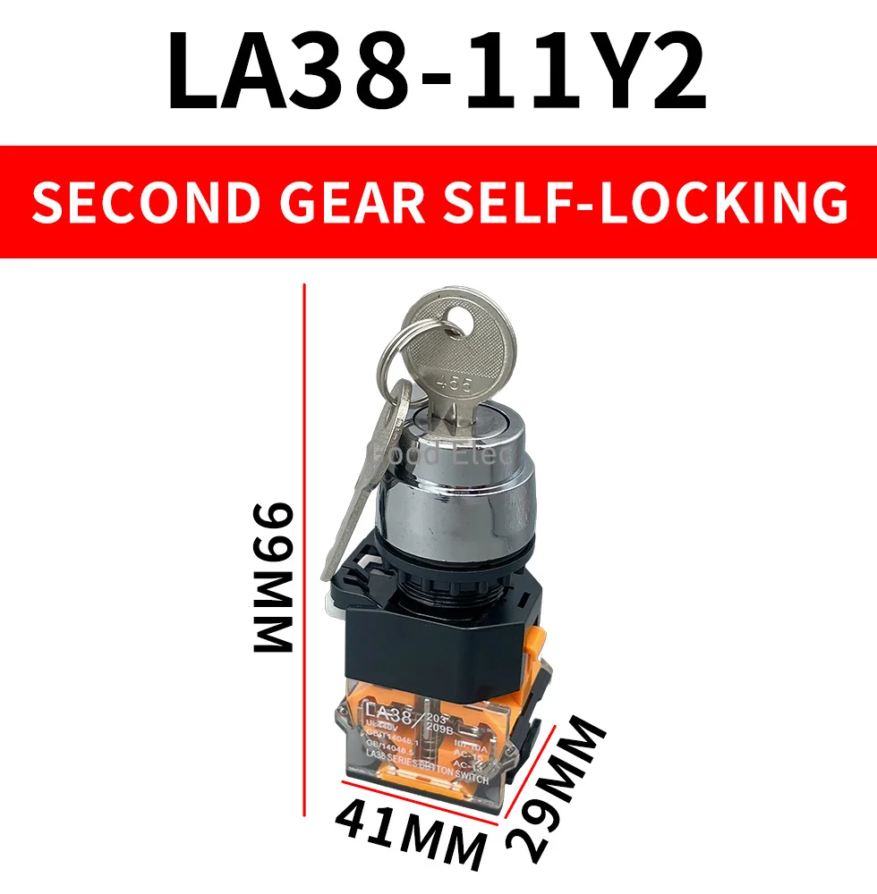 LA38-11Y/2 LA38-20Y/3 22mm Knob Selector Rotary Lock Key Switch 2 3 Position 1NO1NC 2NO with 2 Keys Latching Push Button Switch