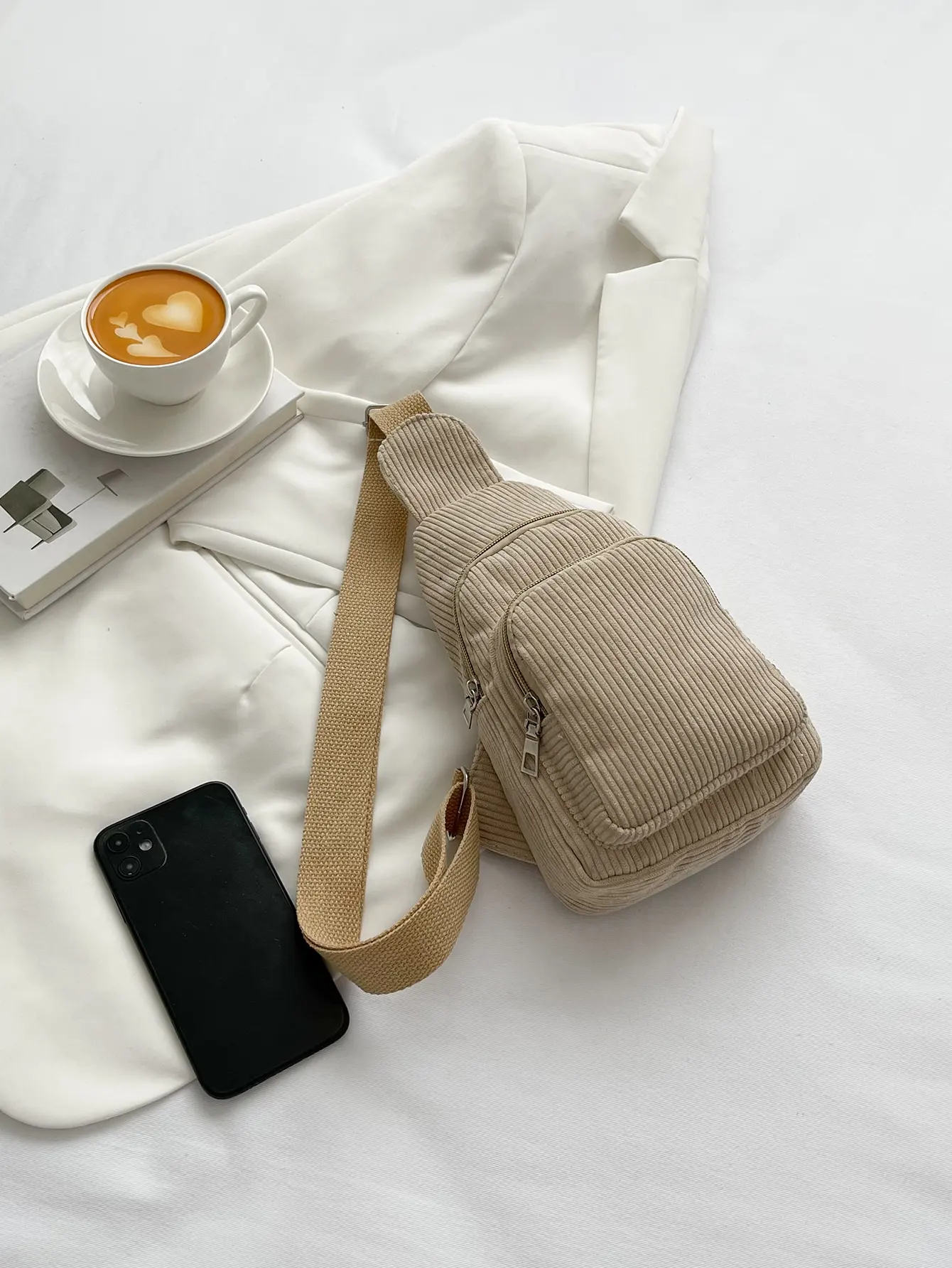 Brusttasche Cord Damen Sling Bag lässig leichte Hüfttasche vielseitige reine Farbe Schulter Umhängetasche kleine Tasche – Detail 1