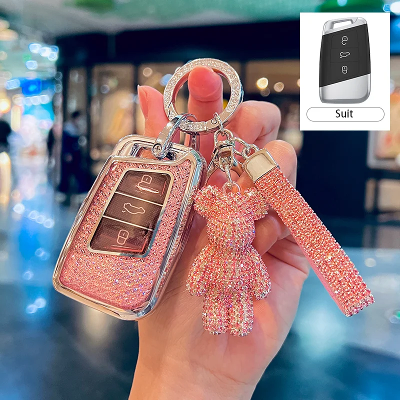 Sakura Pink TPU for Volkswagen VW CC Magotan Passat Suteng Smart Remote Car Key Case Fob Keychain Accessories