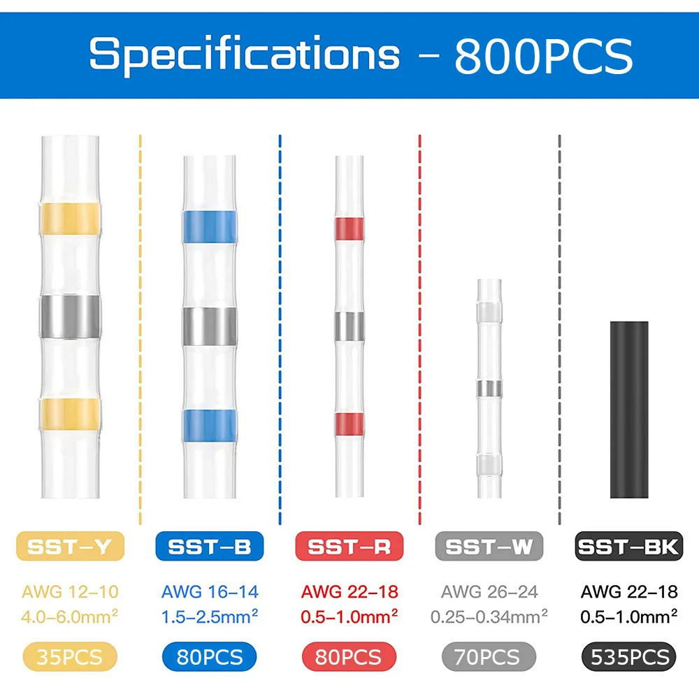 100/1000PCS Solder Seal Wire Connectors Heat Shrink Solder Butt Connectors Kit Automotive Marine Insulated with 300W Hot Air Gun