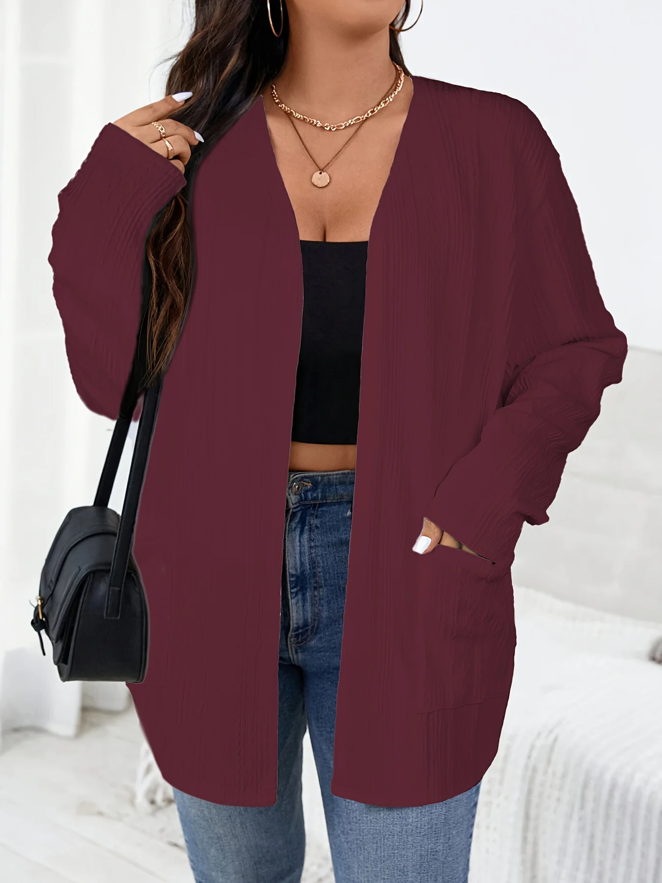 Trendige, gemütliche Damen-Strickjacke in Übergröße mit offener Front und Taschen für mühelosen Stil – Detail 9