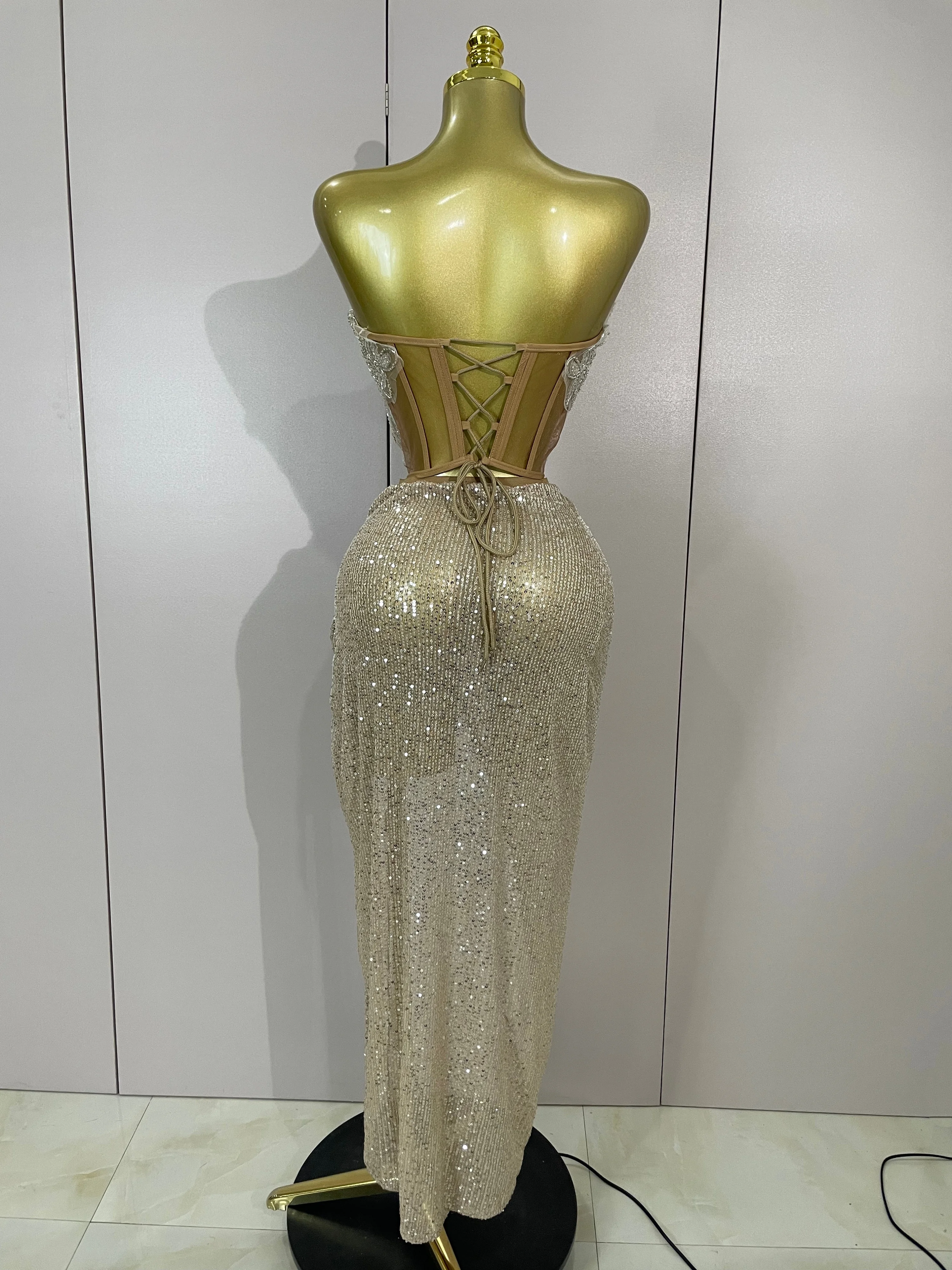 Sparkly Sequin Beading Sexy Strapless Two Pieces Set Women Evening Celebrate Nightclub Party Luxury Birthday Dress Stage Costume