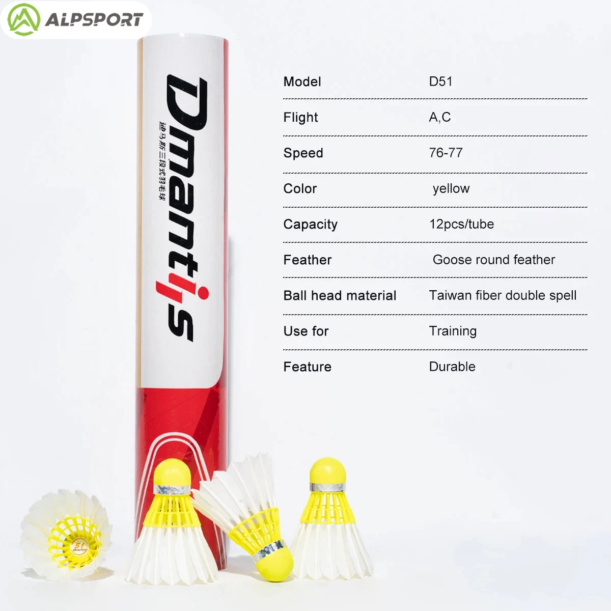 Alpsport D45 Three-stage badminton 12PCS A+ grade goose feather Training ball Speed ​​76-77 Club Outdoor sports