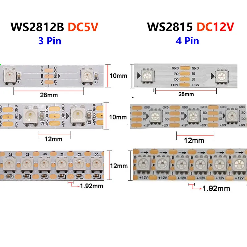 WS2812B WS2815 Individually Addressable 5050 RGB LED Strip 30/60/74/96/144 Leds/m Smart Pixels Full Color Tape Light IP30/65/67