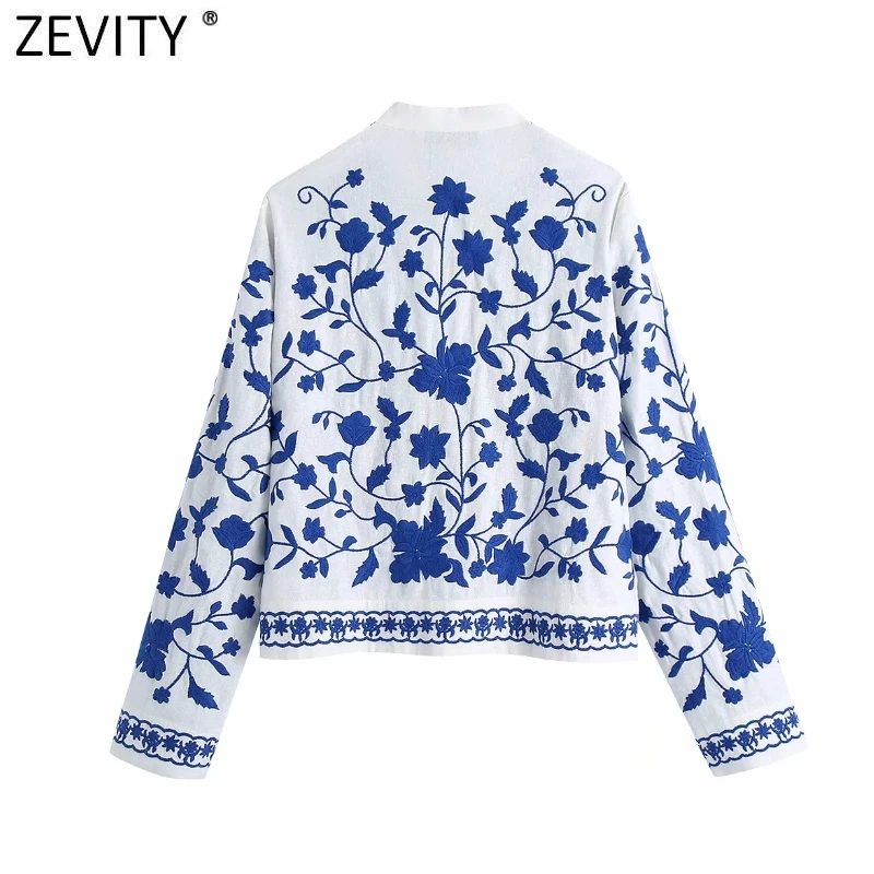 Zevity Women Vintage V Neck Blue and White Porcelain Embroidery Shirts Female Long Sleeve Kimono Blouse Roupas Chic Tops LS9193