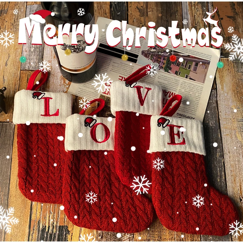 Christmas Stocking Hanging - Christmas Socks Knitting Snowflake Letter Stocking