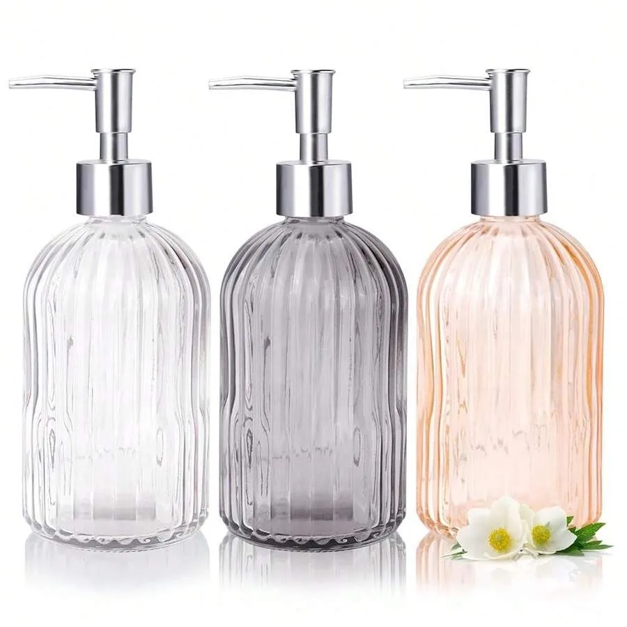 

RETON 3 Pack Glass Soap Dispenser Set, 14 Oz Clear With Rust Proof Plastic Pump, Refillable Liquid Hand Dispenser For Bathroom,