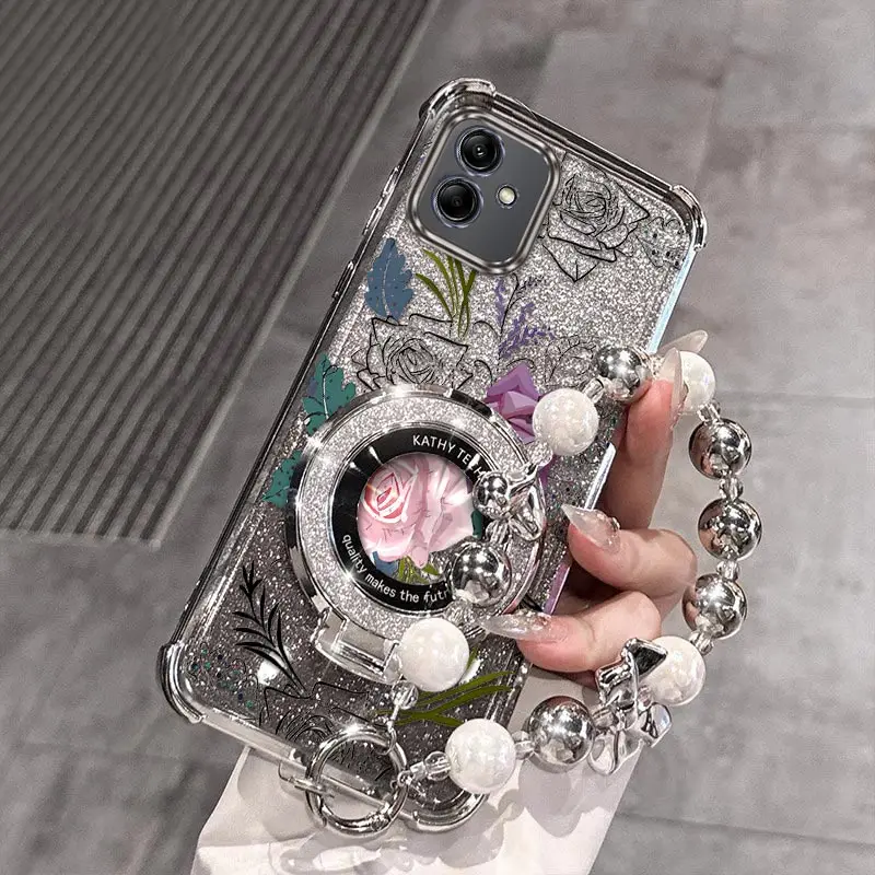 

A04 Fresh Rose Plating Bracelet Holder Phone Case For Samsung A13 F12 A22 A03S A12 A02 M56 M12 A04 A15 M13 Note 20 10 Cover