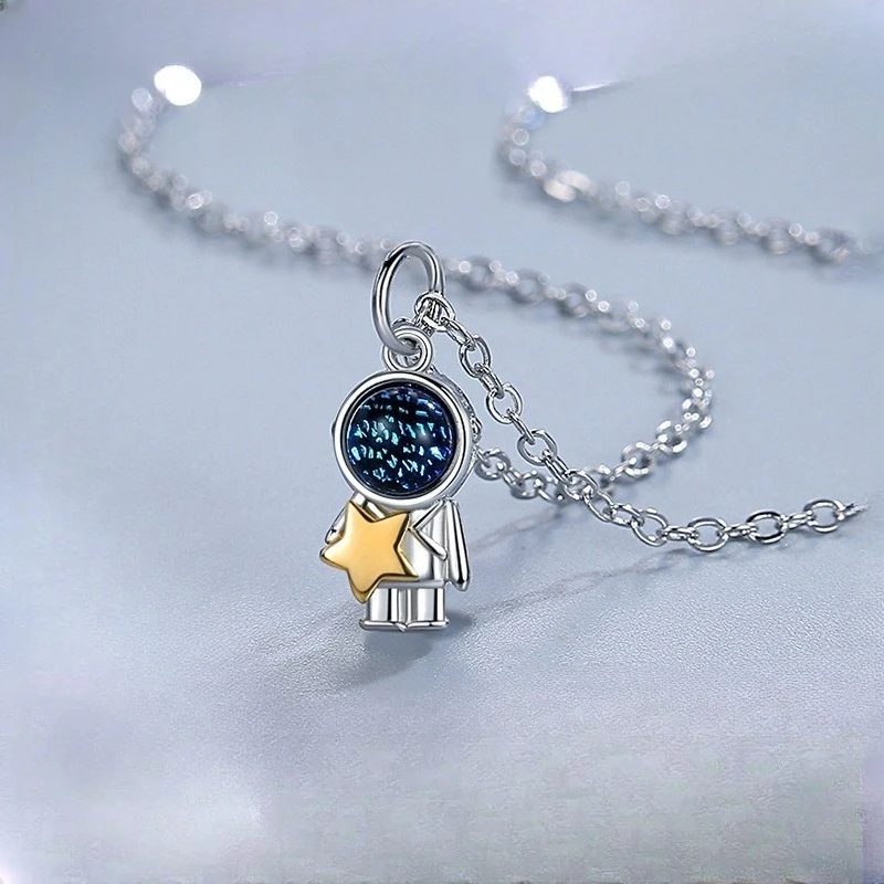 Astronaut Star Pendant Necklace, Two‑Tone Spaceman Design Blue Sparkling Inlay Adjustable Chain Fashion Neck Jewelry Gift