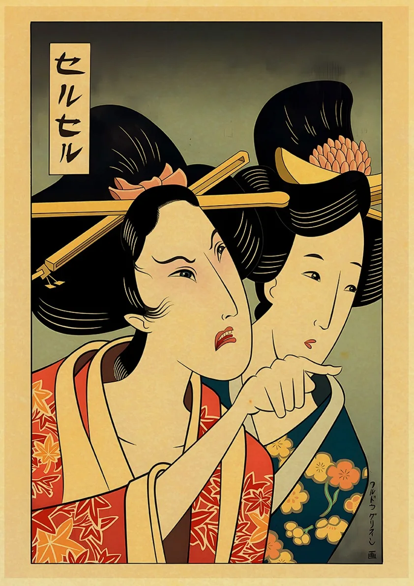 Vintage Japanese Geisha Posters Funny Japanese Style Women Yelling At Cat Kraft Painting Wall Art Decor Livingroom Retro Room