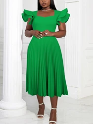 Elegant Women Pleated Evening Dress O Neck Short Ruffle Sleeve  A-Line African Female Classy Prom Birthday Celebrate Party Gowns