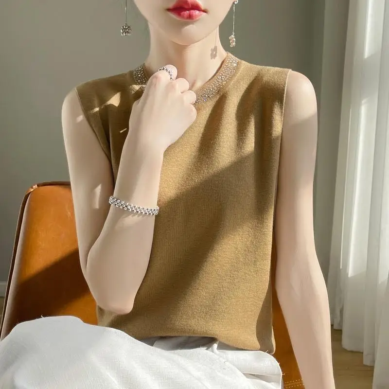 رداء علوي من دون أكمام للنساء 2025 الربيع الصيف الديكور س الرقبة أكمام تانك القمم الملابس الداخلية الكورية قاع محبوك المرأة تانك القمم #3