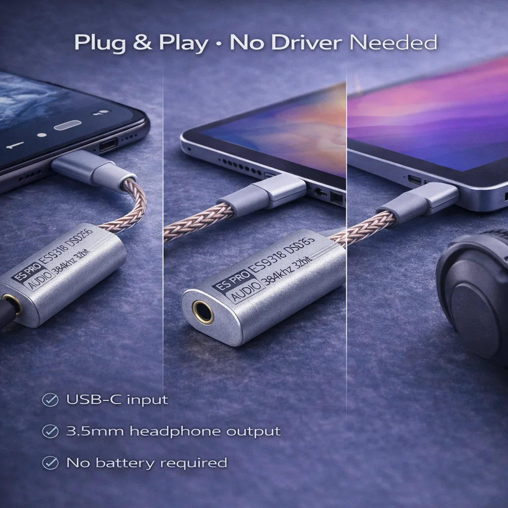 LY Tech ES9318 USB-C DAC wzmacniacz słuchawkowy, 32bit/384kHz DSD256, moc wyjściowa 180mW, przenośny adapter audio Hi-Fi z aluminium CNC