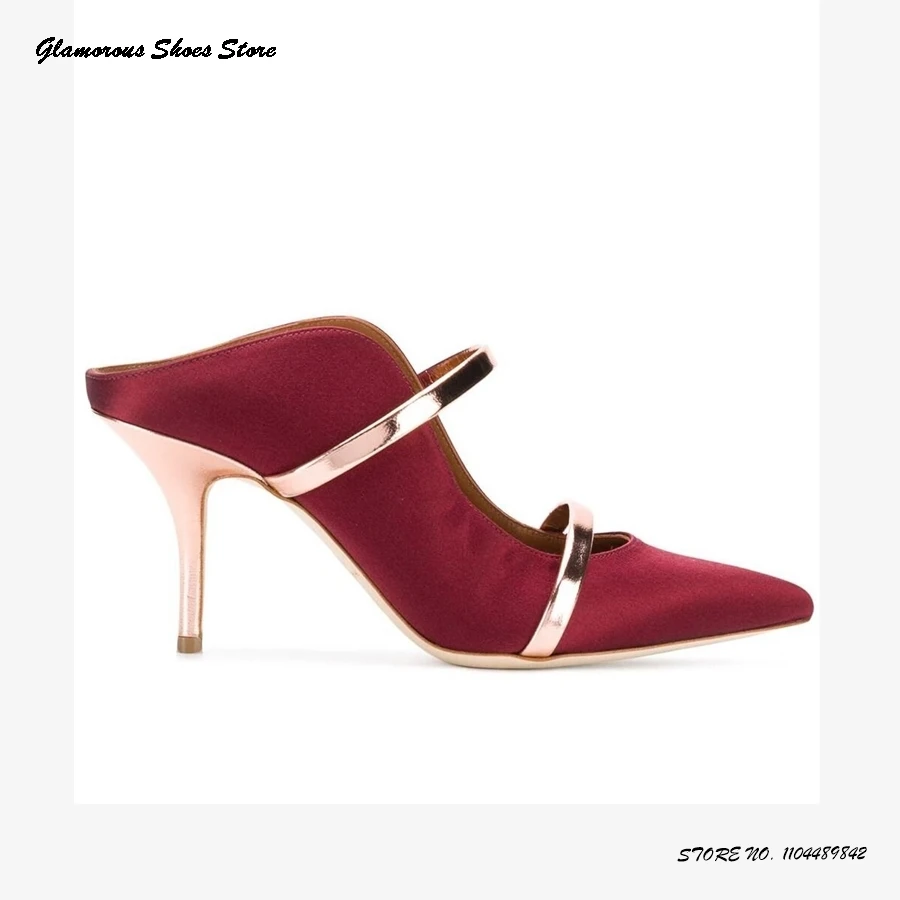 

Metallic Front Strap Wine Satin Mules Concise Pointed Toe High Stiletto Heels Office Ladies Shoes Spring Autumn Pull On Pumps