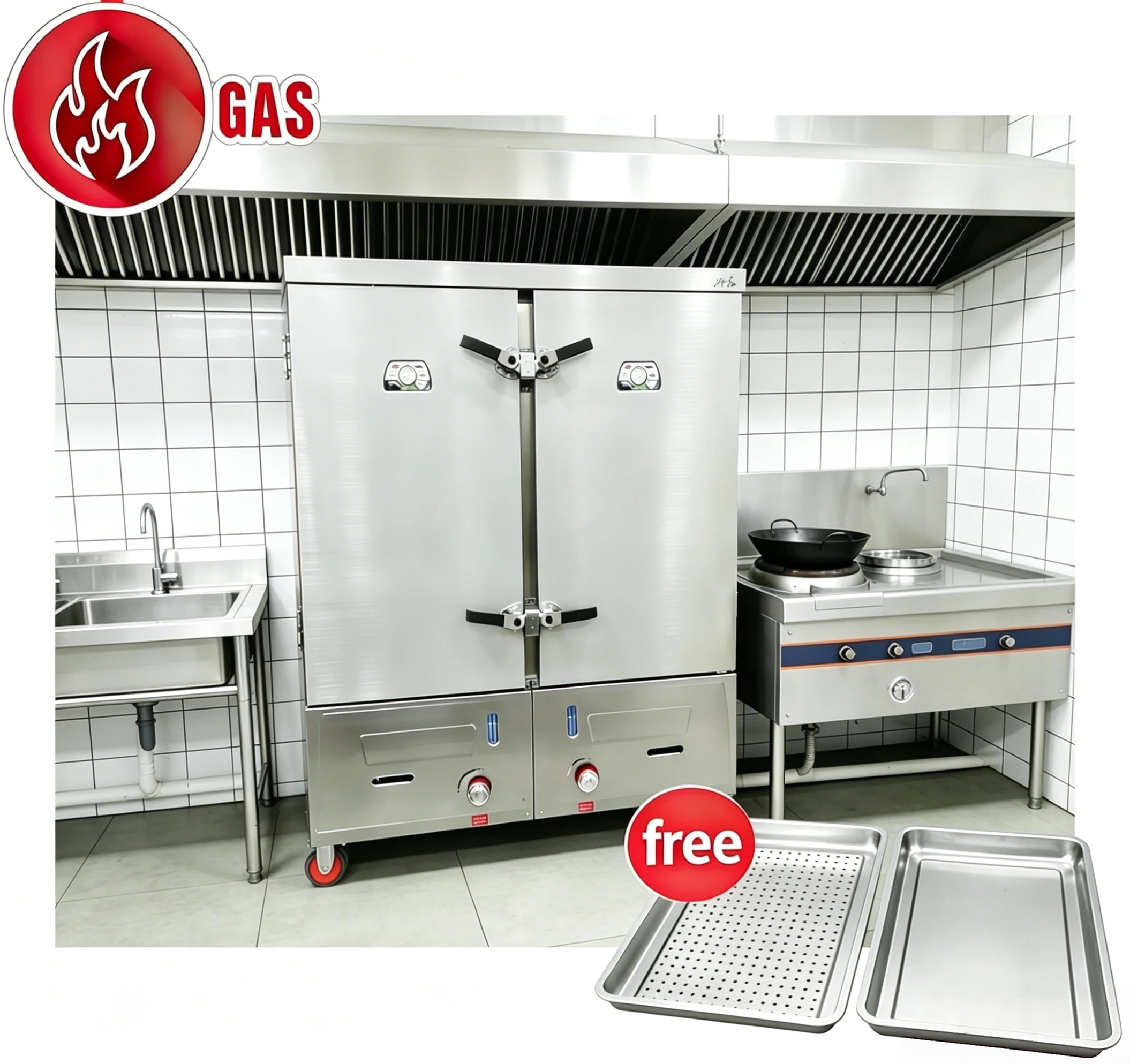 Factory Direct 24 Trays Double Door Industrial Food Steamer Cabinet Large Capacity Gas Rice Steamer Cooker For Southeast Asia