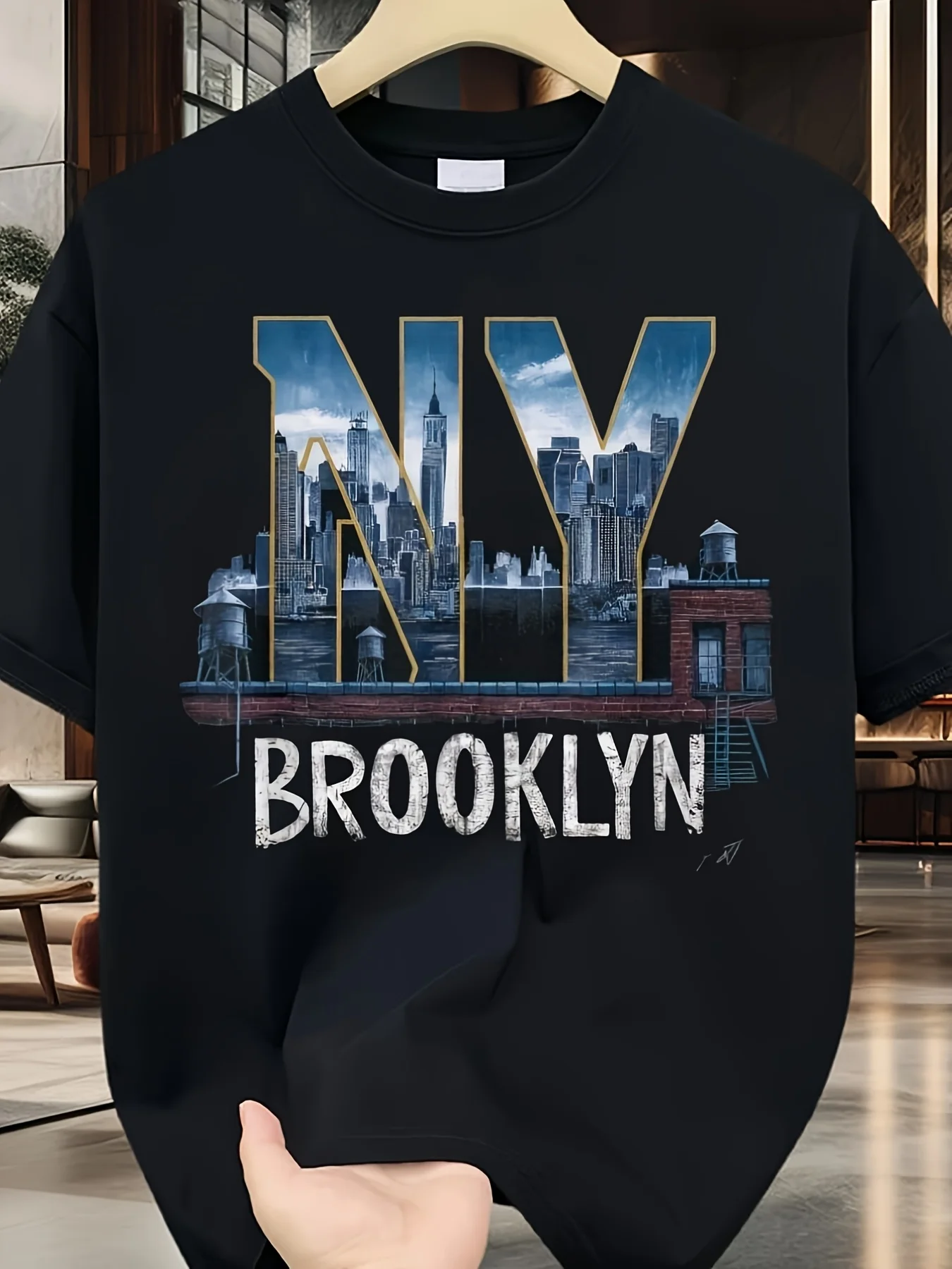 New York Retro Urban Style NYC Pattern Men'S Brooklyn Bridge and Skyline Design Short-Sleeved Casual Shirt All-Season Comfortable Machine-Washable Sizes S To XXXL Crew Neck Flared Retro Casual Crew Neck Printed T-Shirt