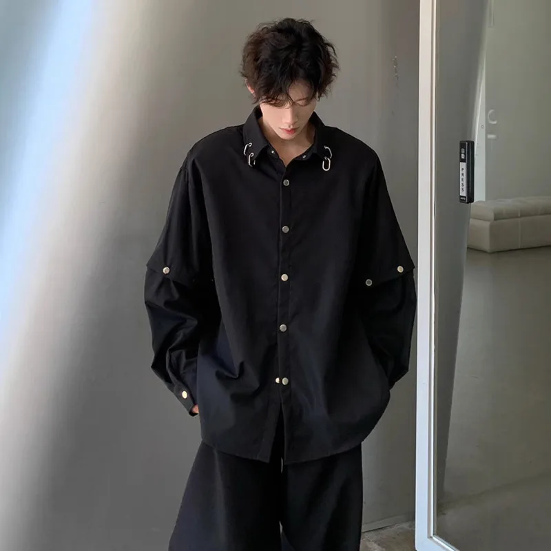 WVGA Pring Autumn New Man Padded Shoulder Turn-Down Collar Tops Trendy Niche Stylish Casual Detachable Long Sleeve Shirts W14296