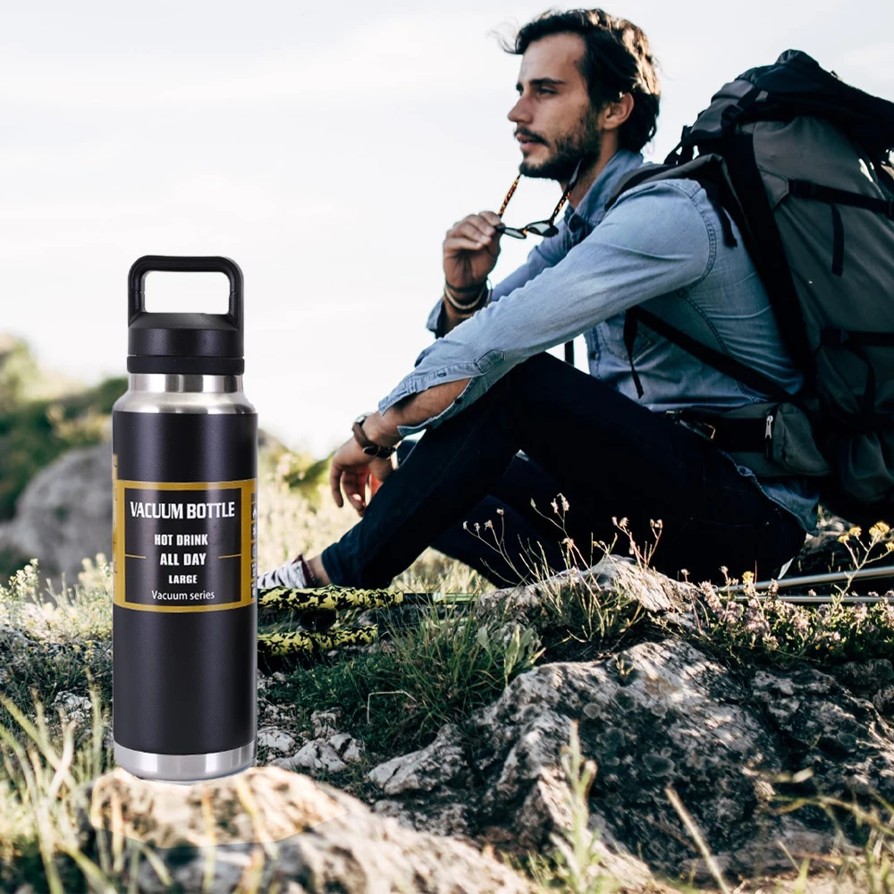 600/800/1100ML304 زجاجة ترمس من الفولاذ المقاوم للصدأ مع مقبض كوب ماء محمول زجاجة مياه شرب ساخنة وباردة تدوم طويلاً