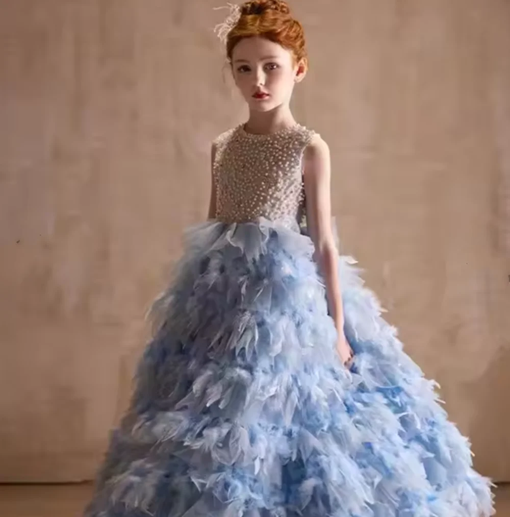 

Elegant Blue Feather Flower Girl Dress Pearls Princess Children Wedding Birthday Pageant Party Evening Gown