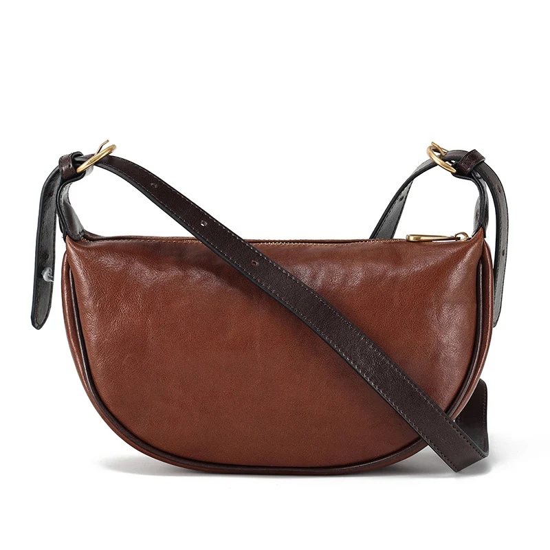 Premium Genuine Cowhide Leather Crescent Moon Crossbody Bag Soft Vintage Hobo Shoulder Bag Women Daily Commute Casual Outings